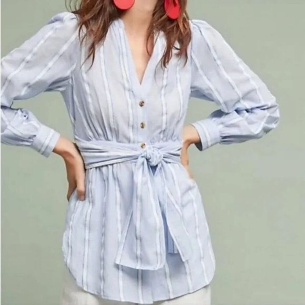 Anthropologie Building 18 South Seas Tunic Size 6 Blue Stripe Belted Button Up
